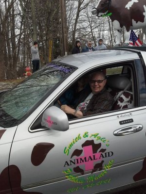 Audrey driving the cow car in the West Warwick St Patricks Day Parade.